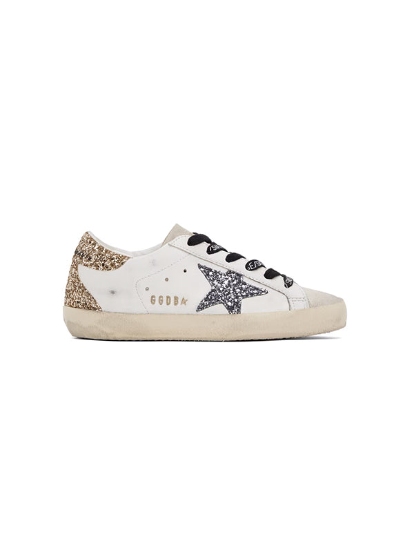 Golden Goose | Super-Star Sneakers in Gold and Grey Glitter