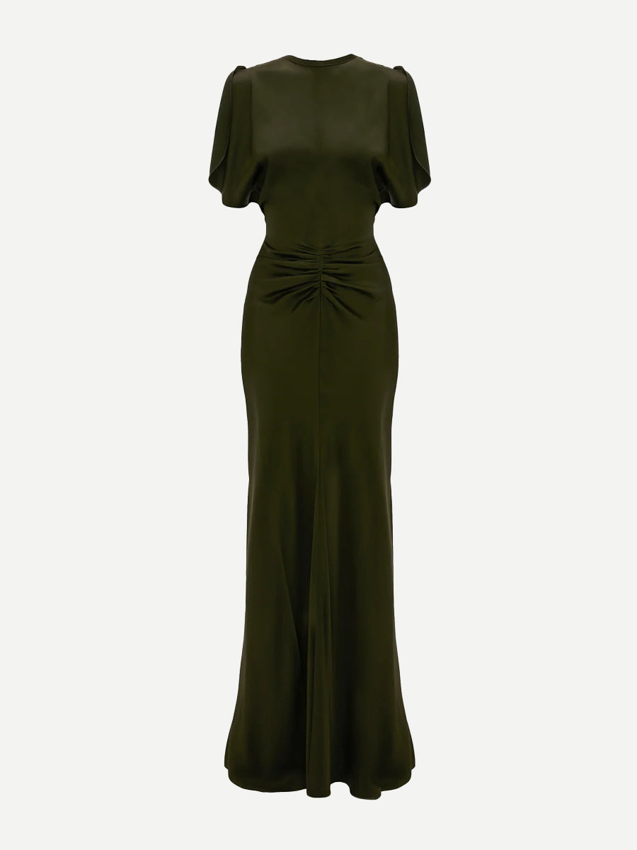 Gathered Waist Floor Length Gown in Dark Olive