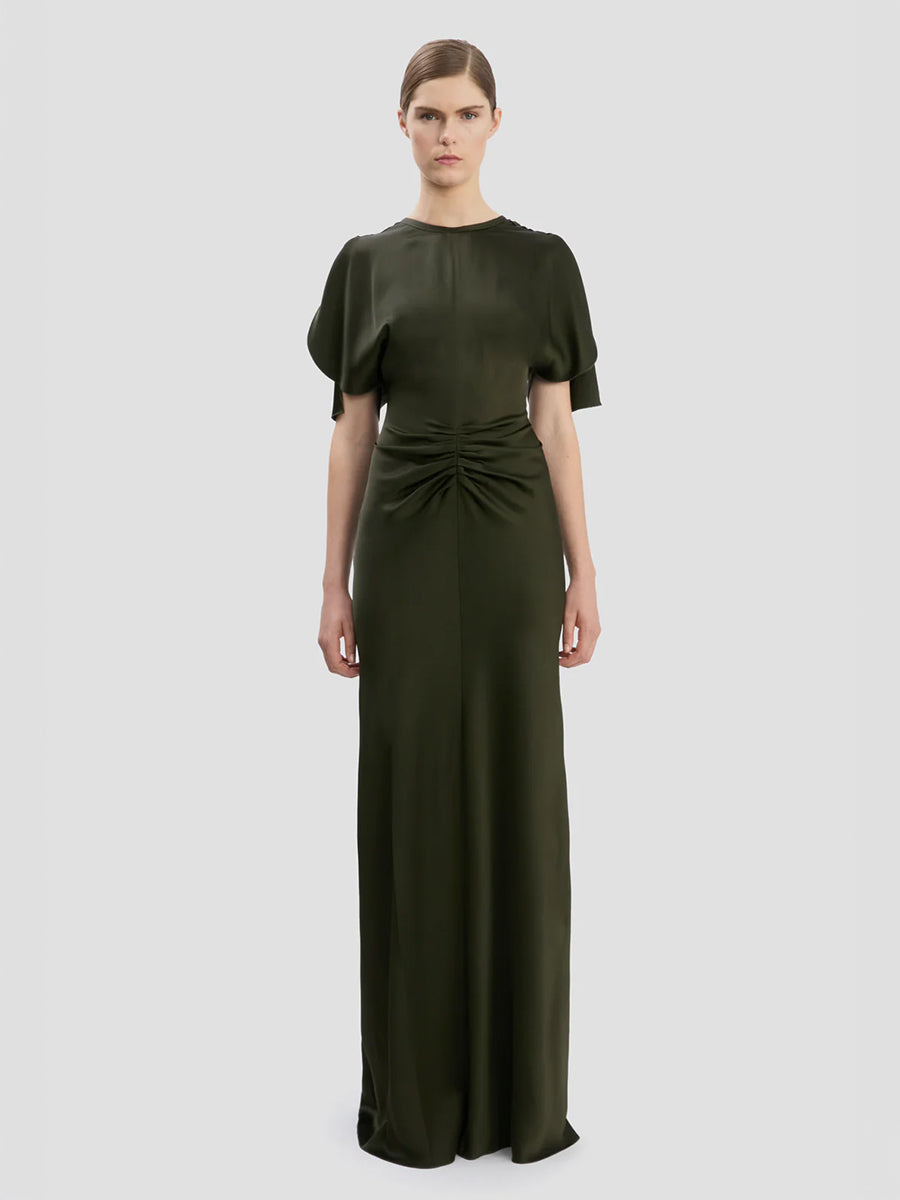 Gathered Waist Floor Length Gown in Dark Olive