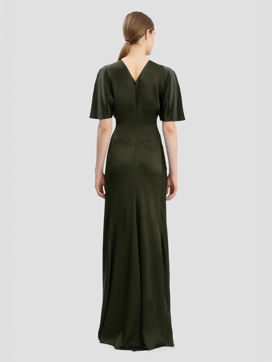 Gathered Waist Floor Length Gown in Dark Olive