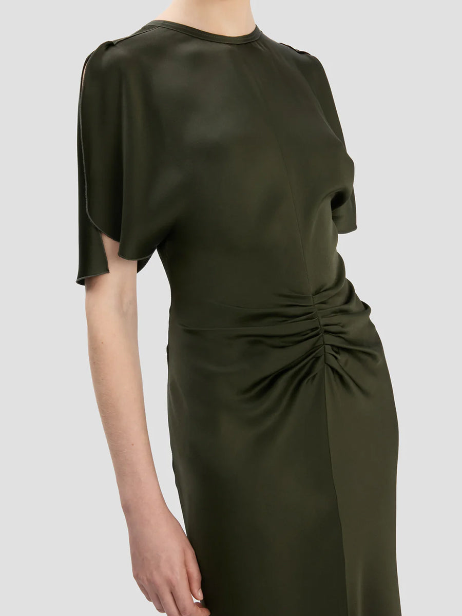 Gathered Waist Floor Length Gown in Dark Olive
