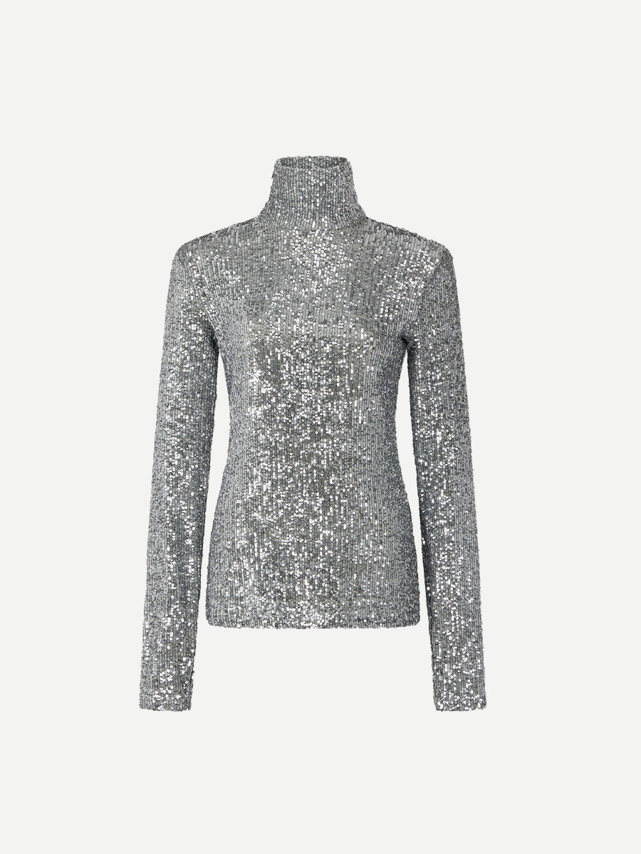 Rabanne Haute Turtleneck Top in Silver Sequins