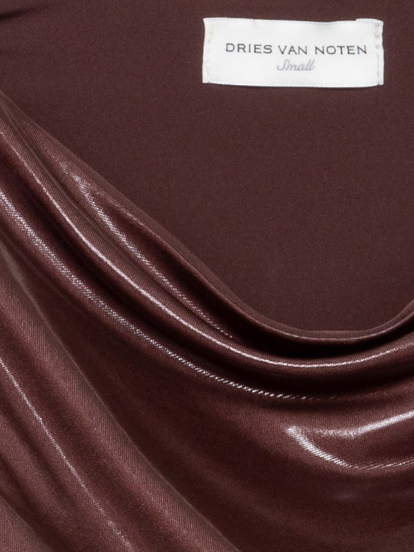 Dries Van Noten Hotan Shiny Draped Tee in Dark Brown