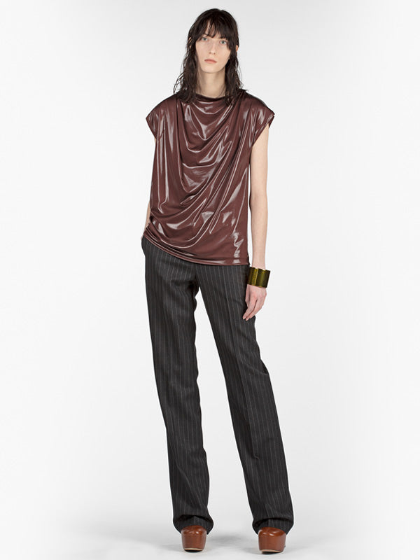 Dries Van Noten Hotan Shiny Draped Tee in Dark Brown