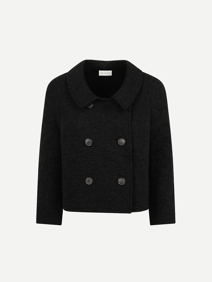 Dries Van Noten Huvia black cropped jacquard jacket with rounded collar and double-breasted front