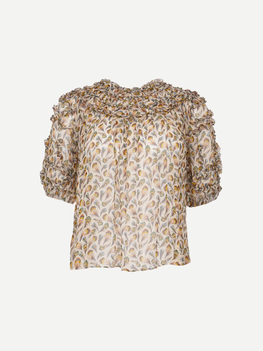 Ulla Johnson Isolda Silk Smocked Short Sleeve Blouse in Swan