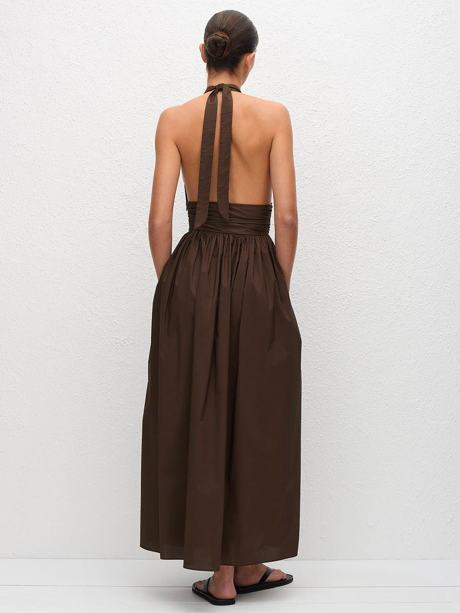 Keyhole Halter Midi Dress in Chocolate