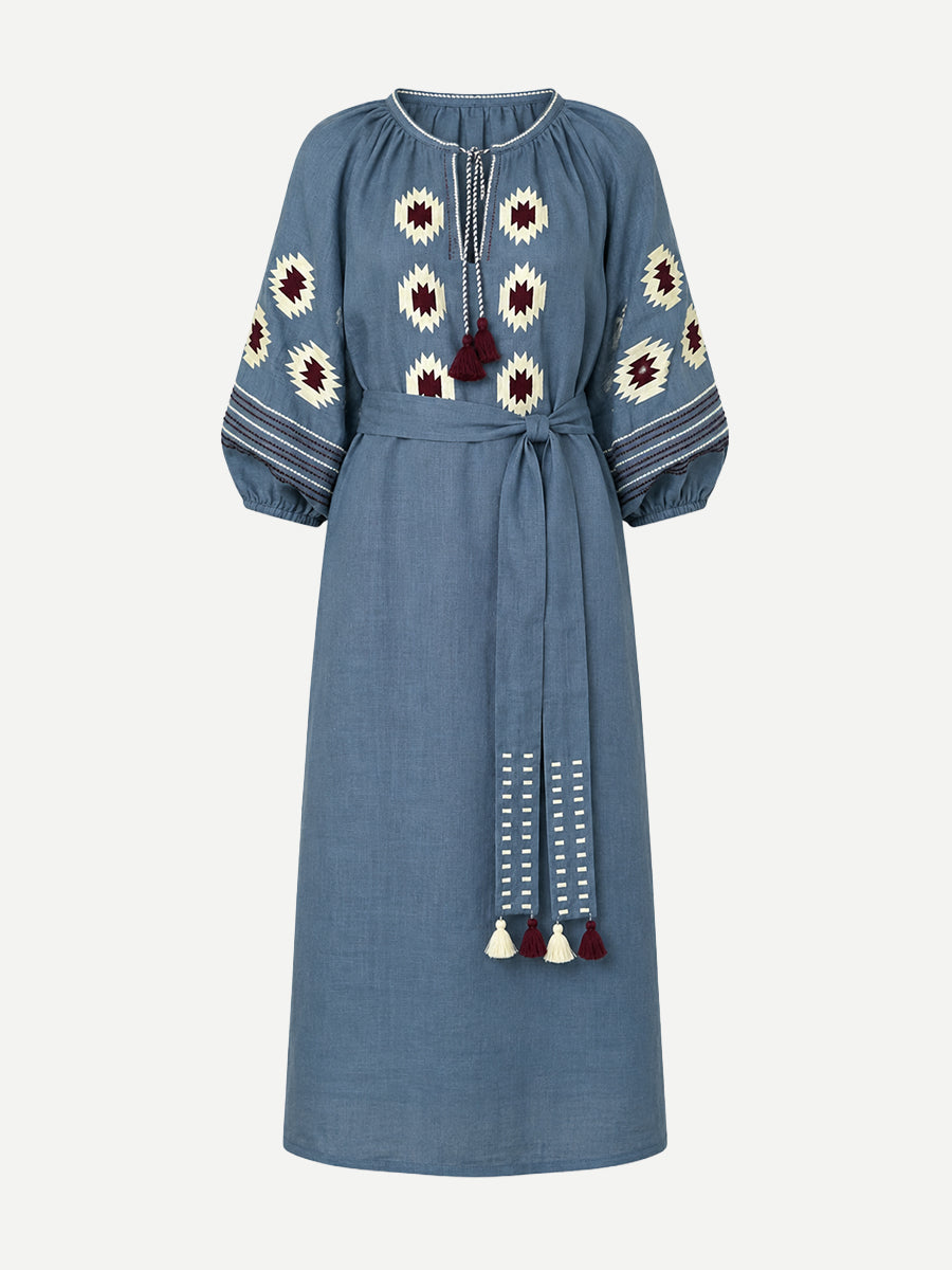 Benaras by Citrus Linen Kaftan in Grey Blue Kora Wine