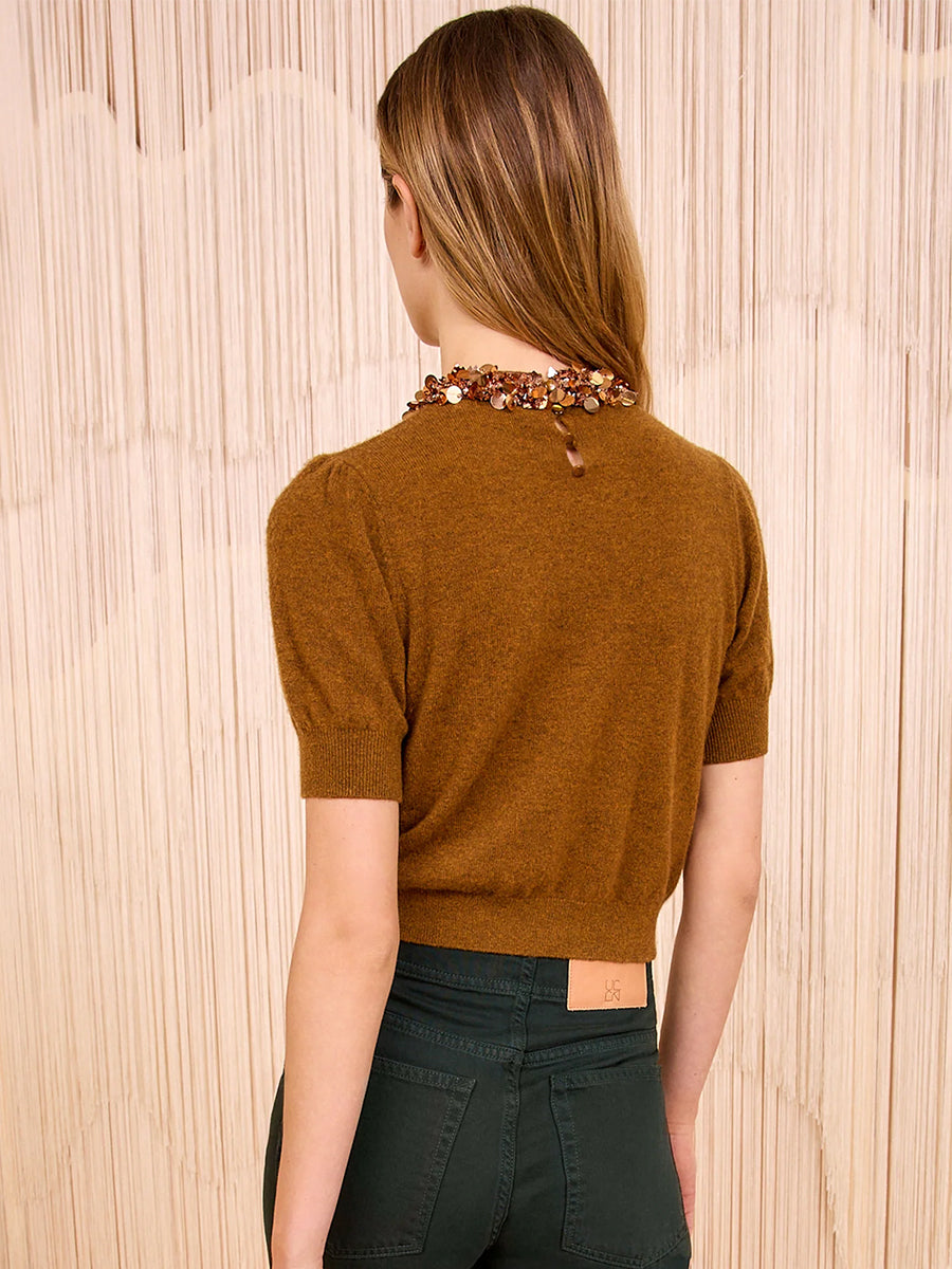 Ulla Johnson Liv Embroidered Cashmere Short Sleeve Knit in Umber