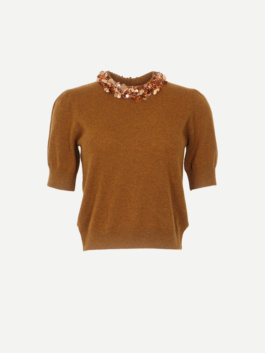 Ulla Johnson Liv Embroidered Cashmere Short Sleeve Knit in Umber