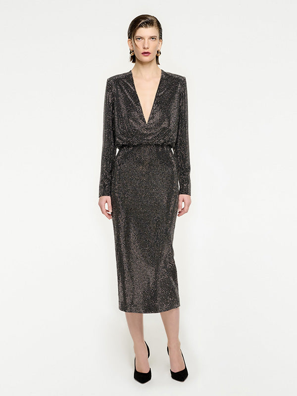 Roland Mouret Long Sleeve Diamante Midi Dress in Black