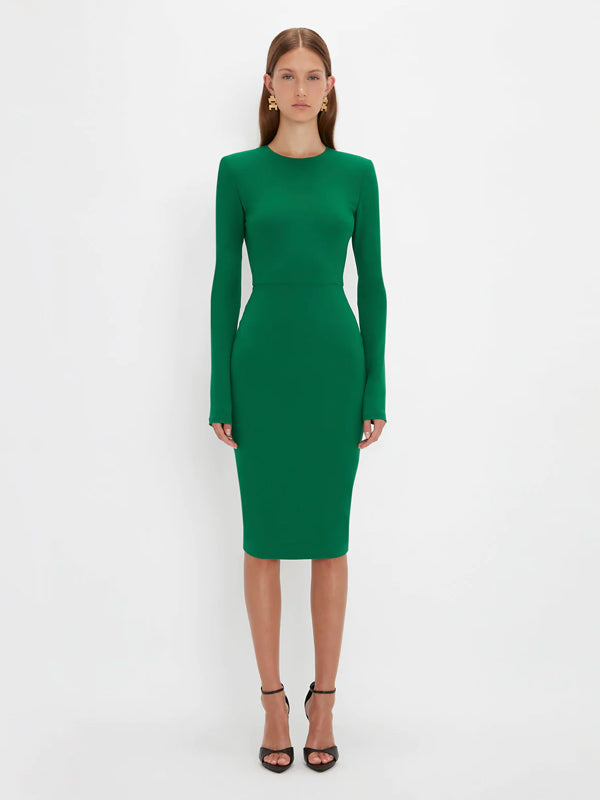 Victoria Beckham | Long Sleeve Fitted Dress in Viridian