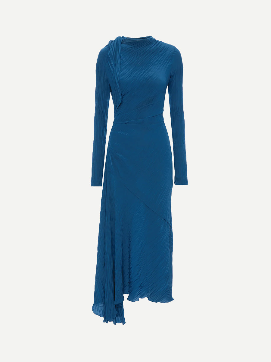 Long Sleeve Plisse Dress in Dark Ocean