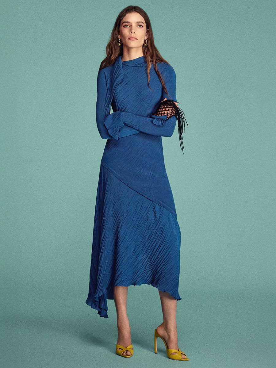 Long Sleeve Plisse Dress in Dark Ocean