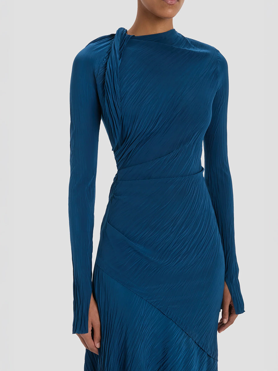 Long Sleeve Plisse Dress in Dark Ocean
