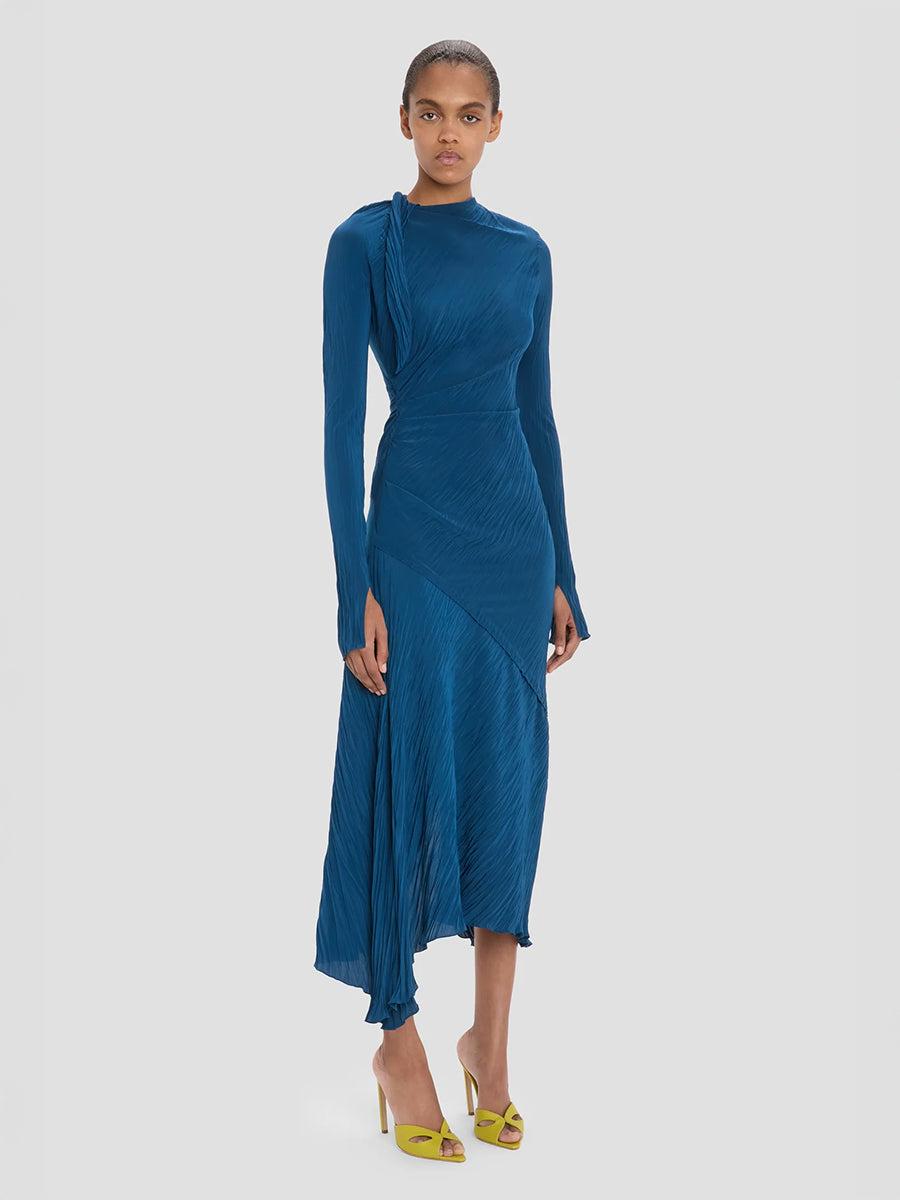 Long Sleeve Plisse Dress in Dark Ocean