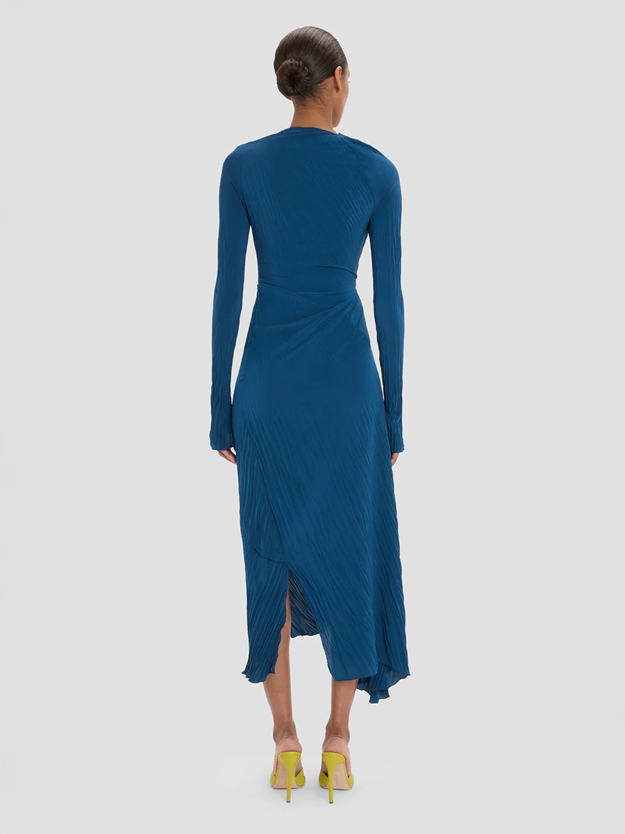 Long Sleeve Plisse Dress in Dark Ocean