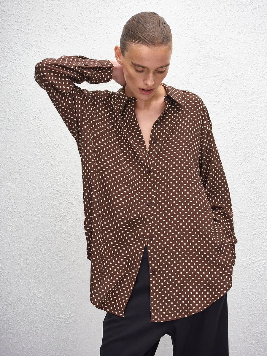 Long Sleeve Silk Shirt in Polka Dot Chocolate