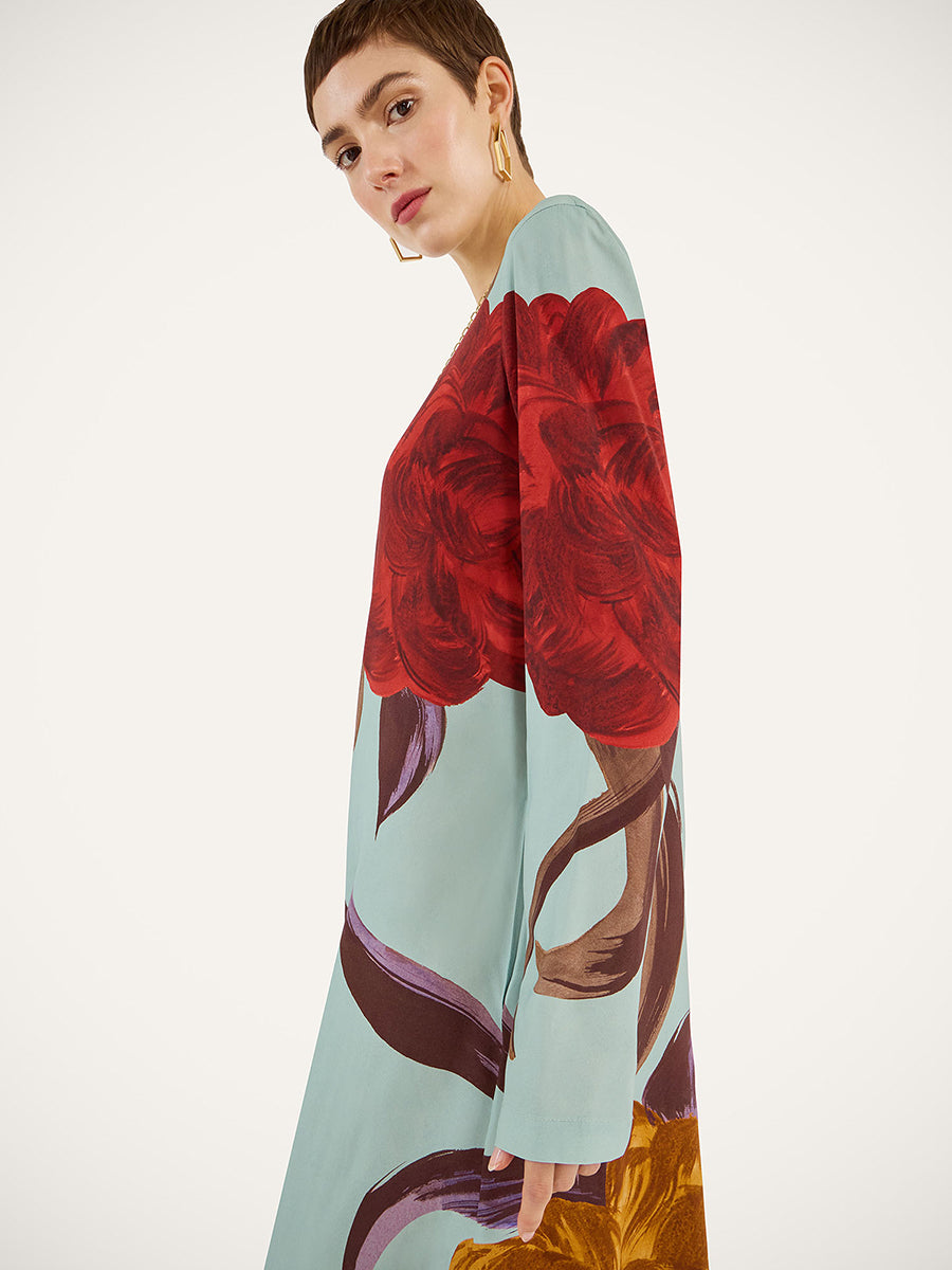 Long Sleeve Swing Dress in Peony Placee Blue