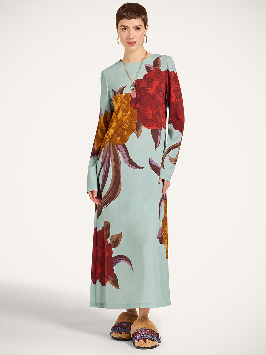 Long Sleeve Swing Dress in Peony Placee Blue