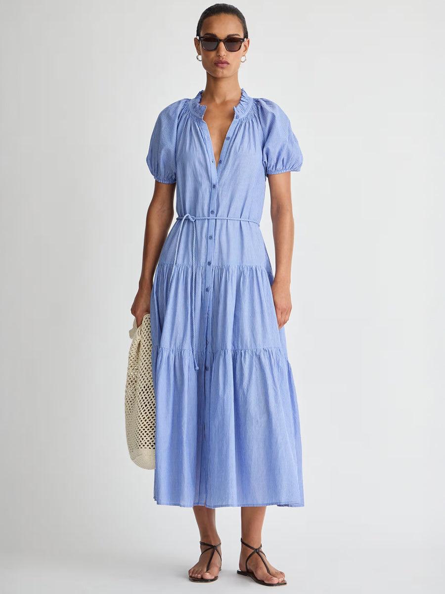 Apiece Apart Mazza Maxi Dress in Microstripe Blue & Cream