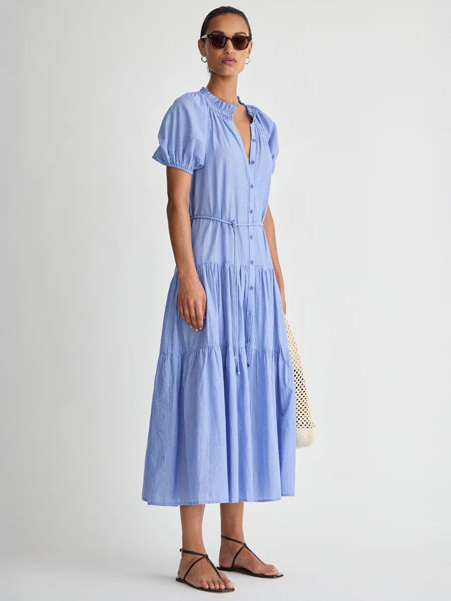 Apiece Apart Mazza Maxi Dress in Microstripe Blue & Cream