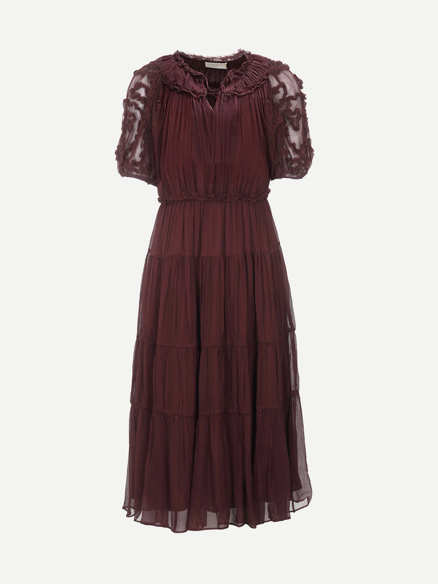 Ulla Johnson Nan Silk Short Sleeve Midi Dress in Mahogany