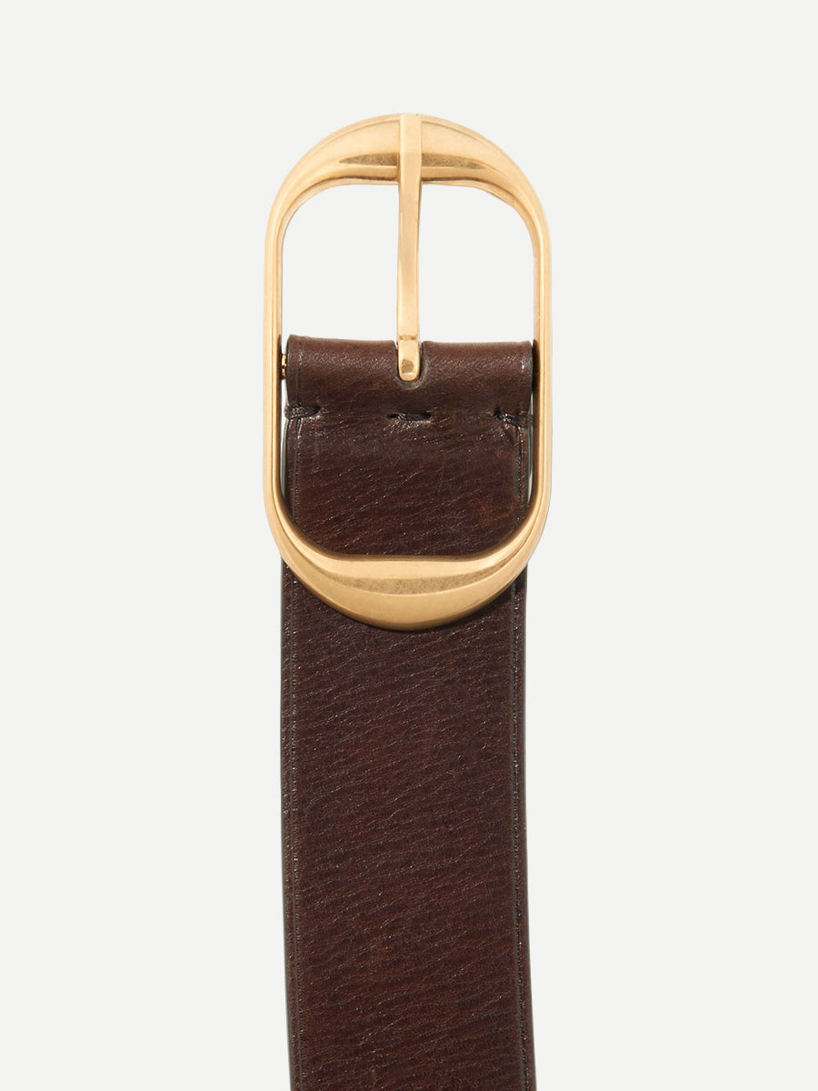 Nili Lotan Nili belt in vintage brown leather with antique brass matte gold buckle