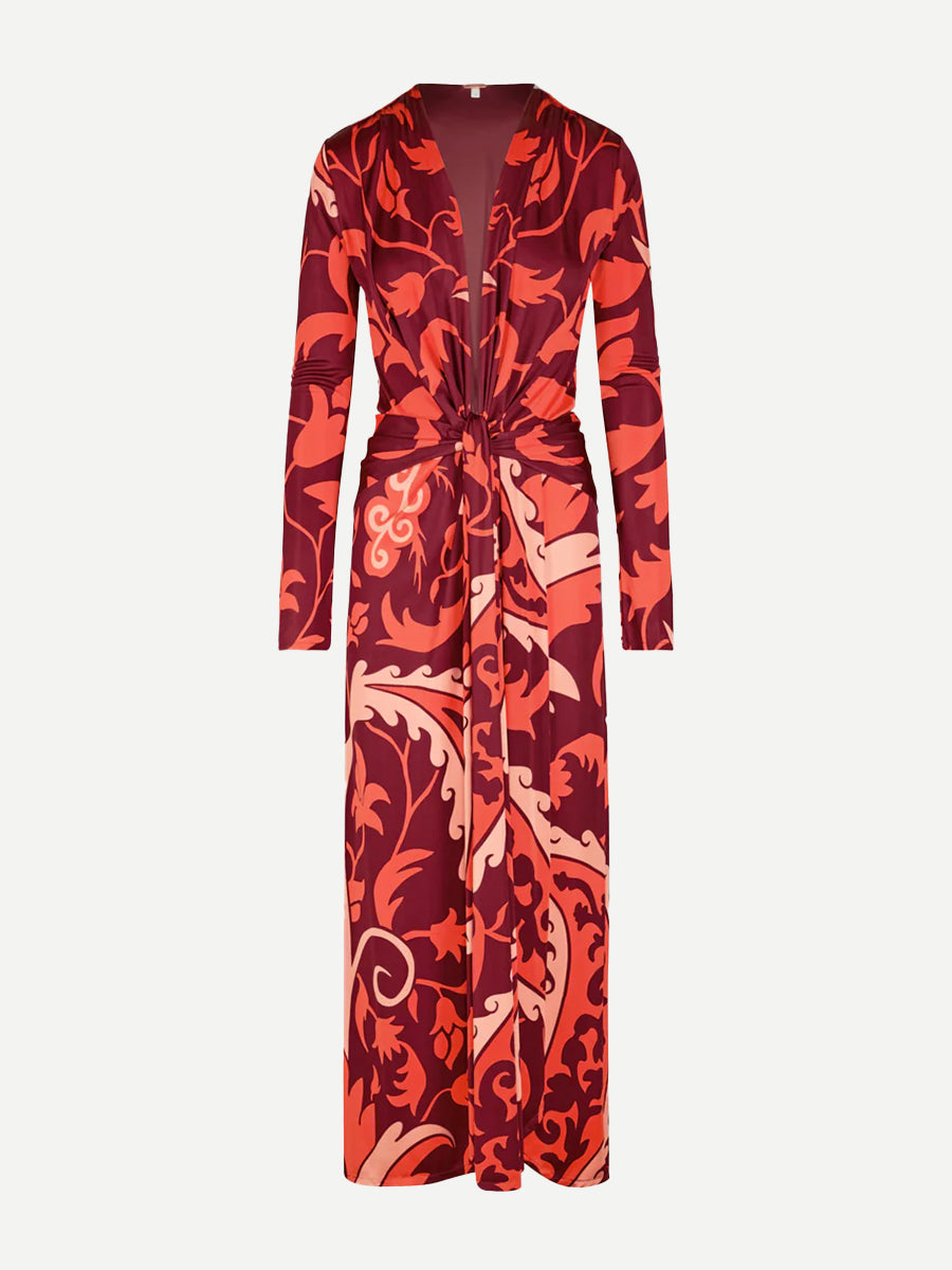 Johanna Ortiz Oasis Ankle Dress in Dark Wine/Peach