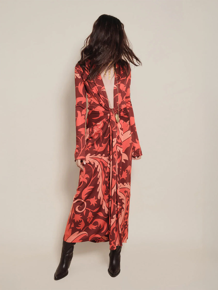 Johanna Ortiz Oasis Ankle Dress in Dark Wine/Peach