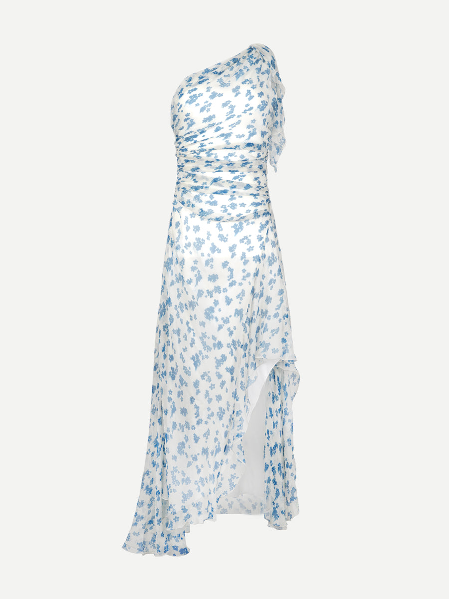 Victoria Beckham One Shoulder Draped Midi Dress in Cloud/Blue