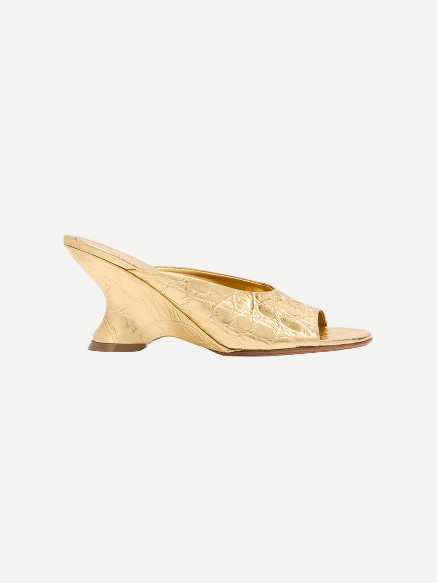 Dries Van Noten Open Toe Leather Mules in Gold