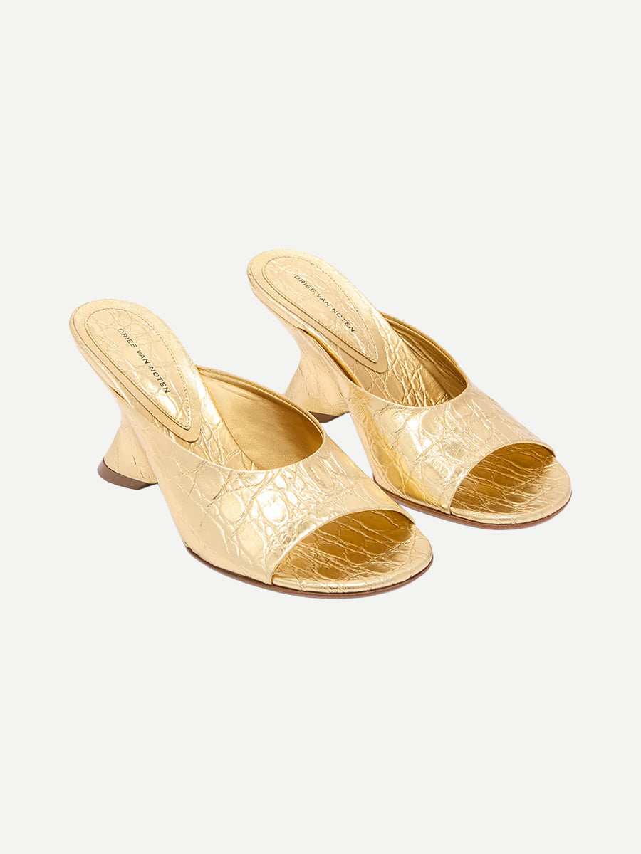 Dries Van Noten Open Toe Leather Mules in Gold