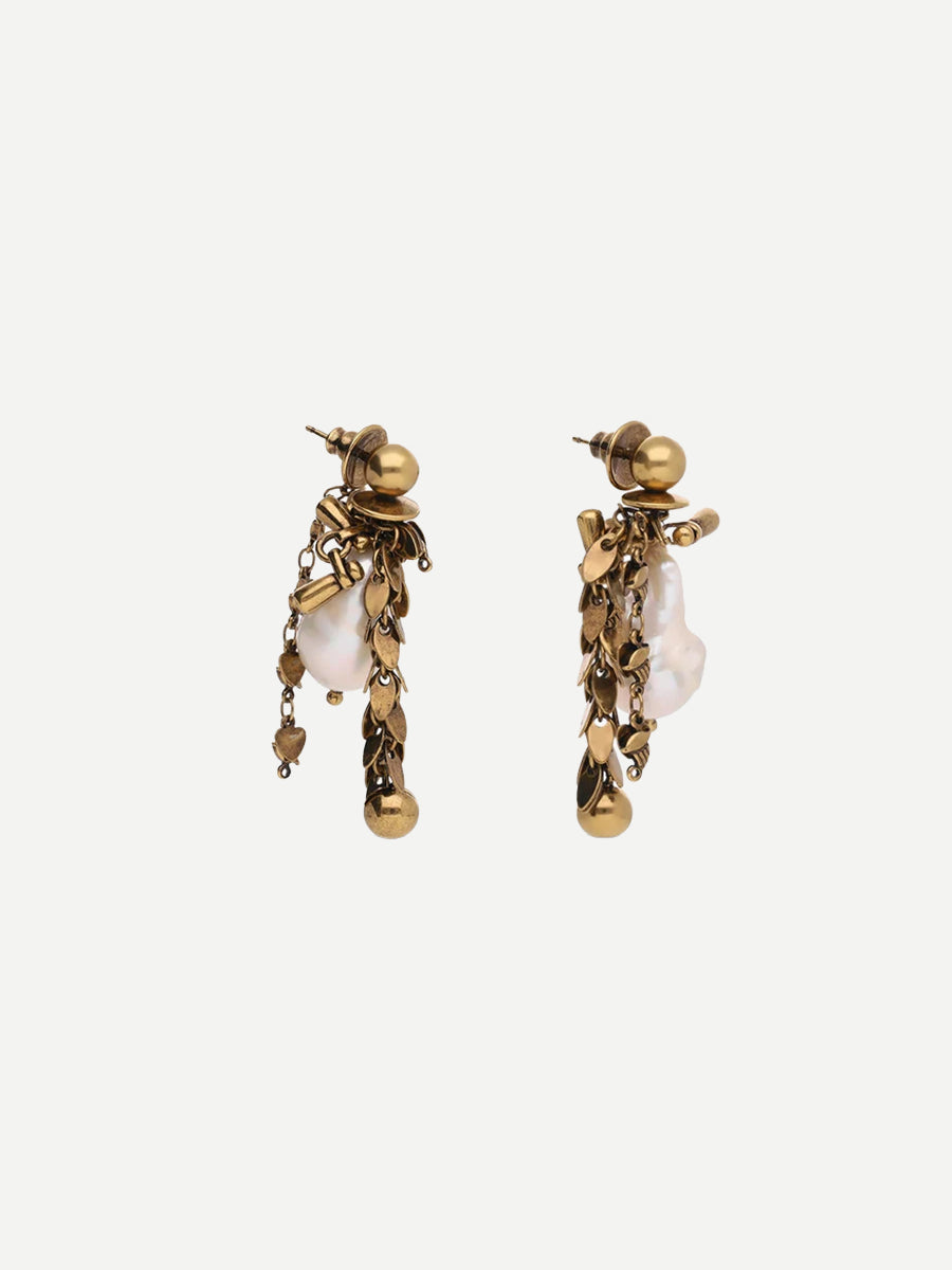 Ornamented Pendant Earrings in Old Brass