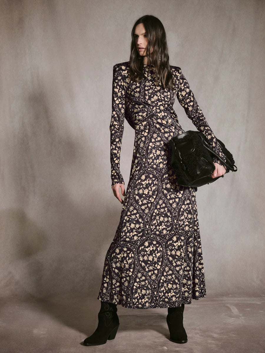 Playful Grace Midi Dress in Black/Ecru Botanical