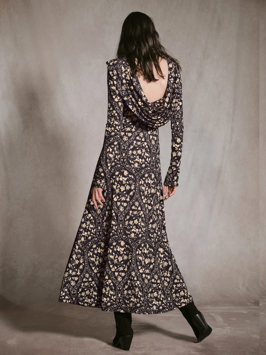 Playful Grace Midi Dress in Black/Ecru Botanical