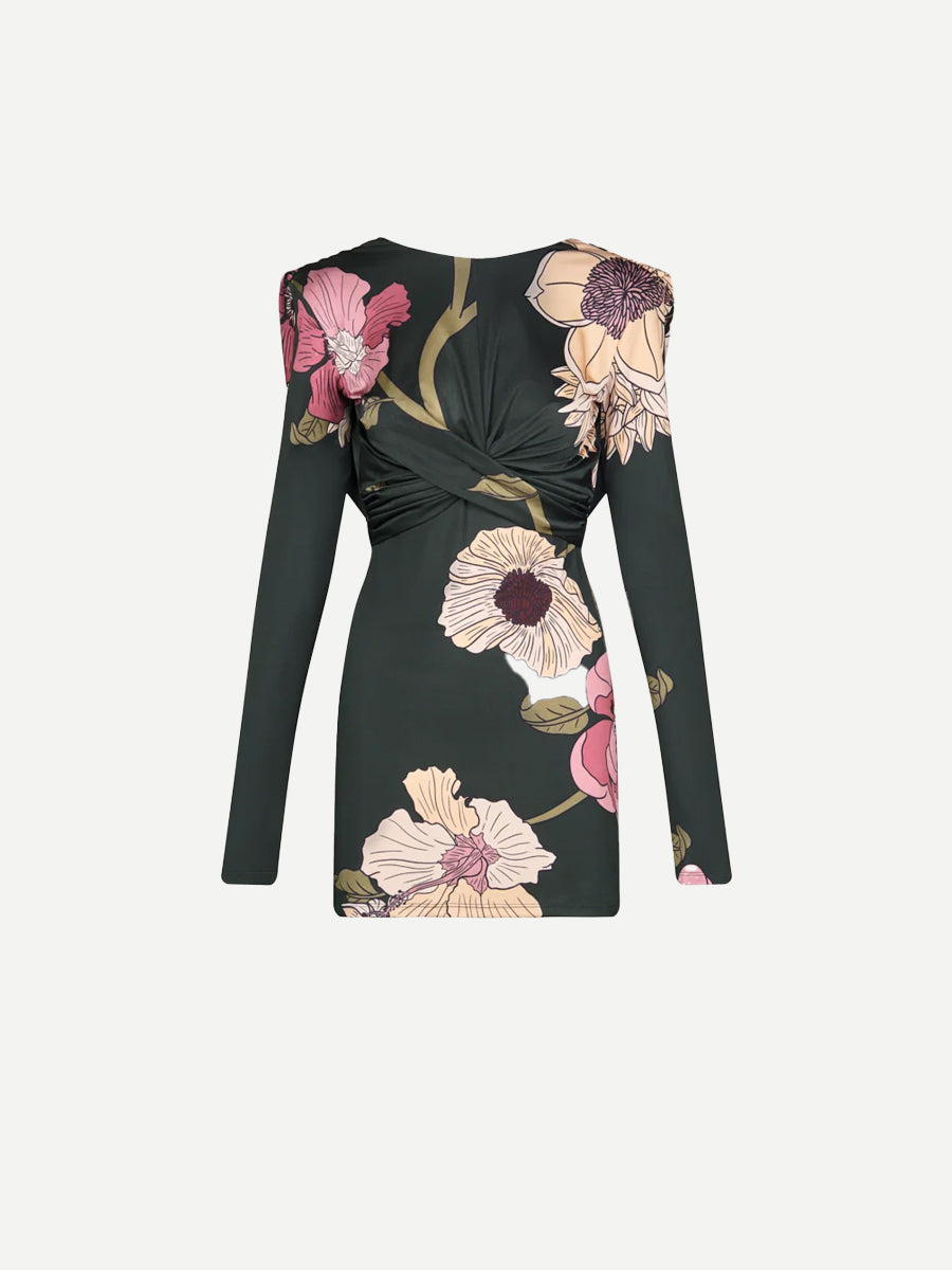 Playful Grace Mini Dress in Green/Rose Florals