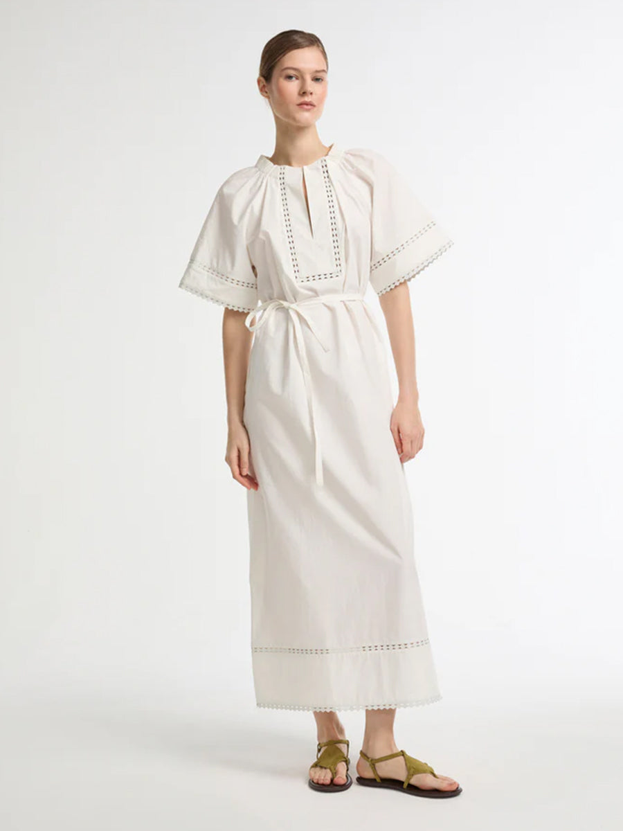 Yves Salomon Poplin Dress w/Leather Details in Coco Milk