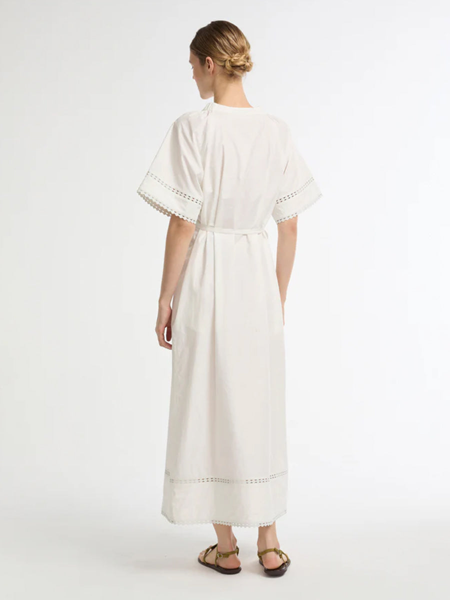 Poplin Dress w/Leather Details in Coco Milk