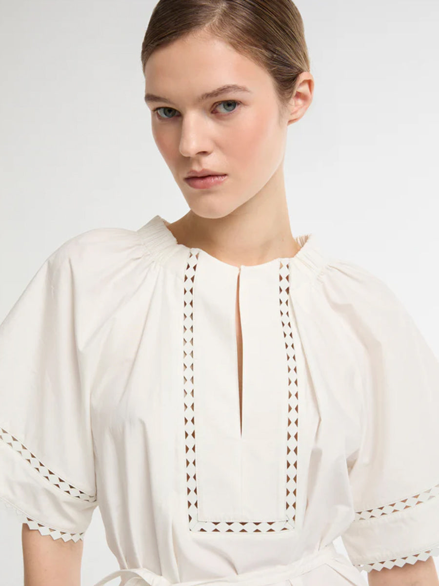 Yves Salomon Poplin Dress w/Leather Details in Coco Milk