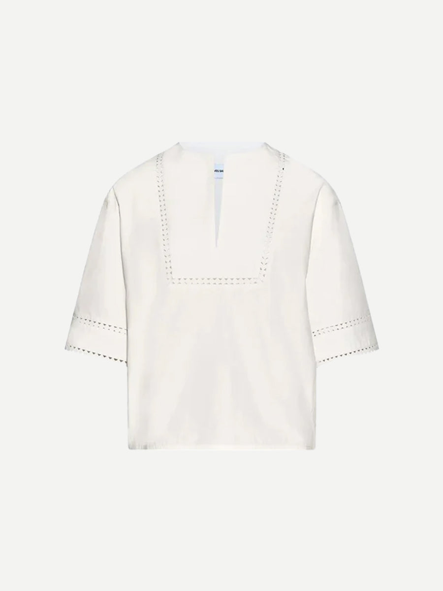 Yves Salomon Poplin Shirt w/ Leather Details in Coco Milk 
