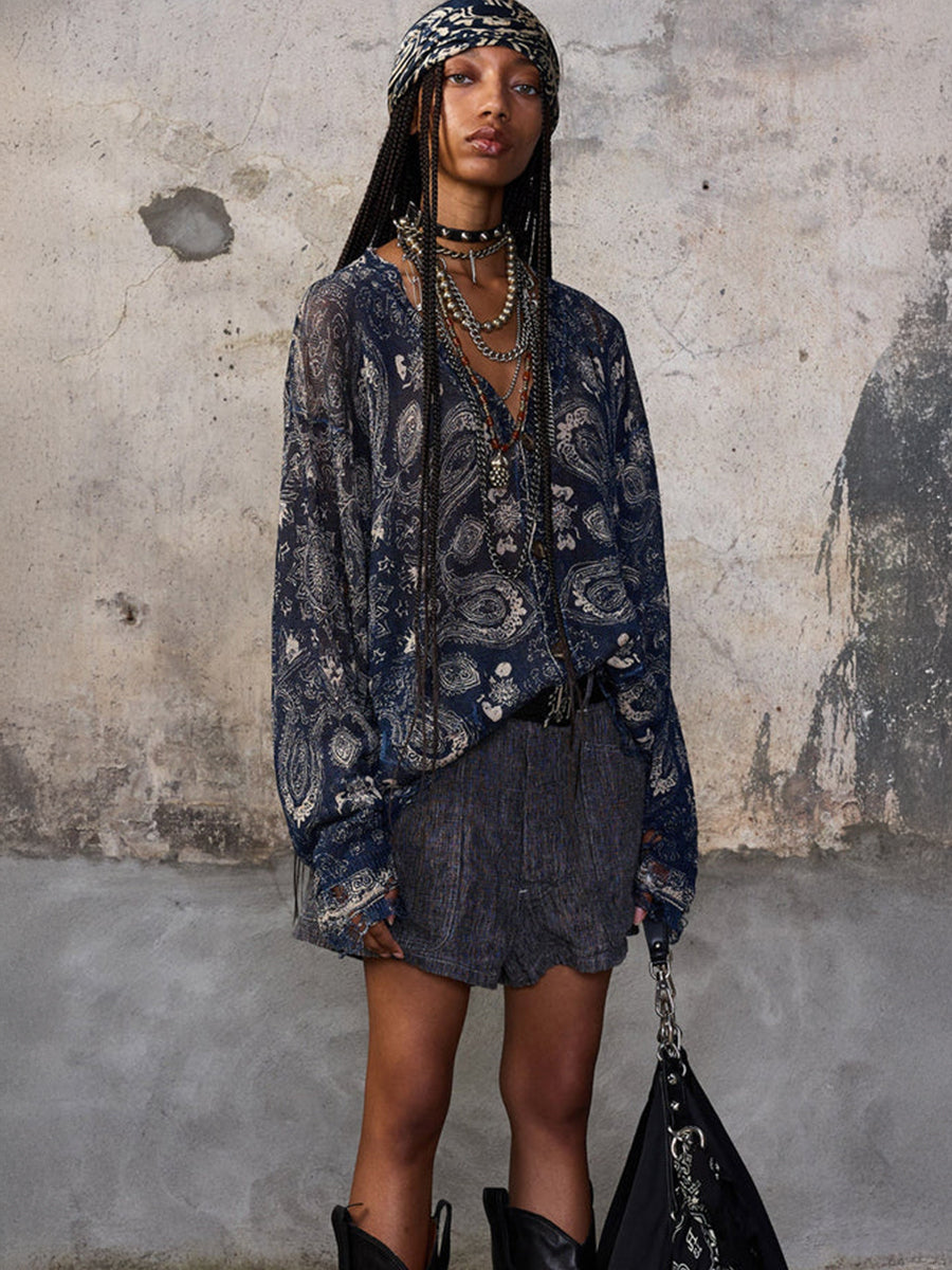 R13 Printed Boyfriend Cardigan in Blue Bandana