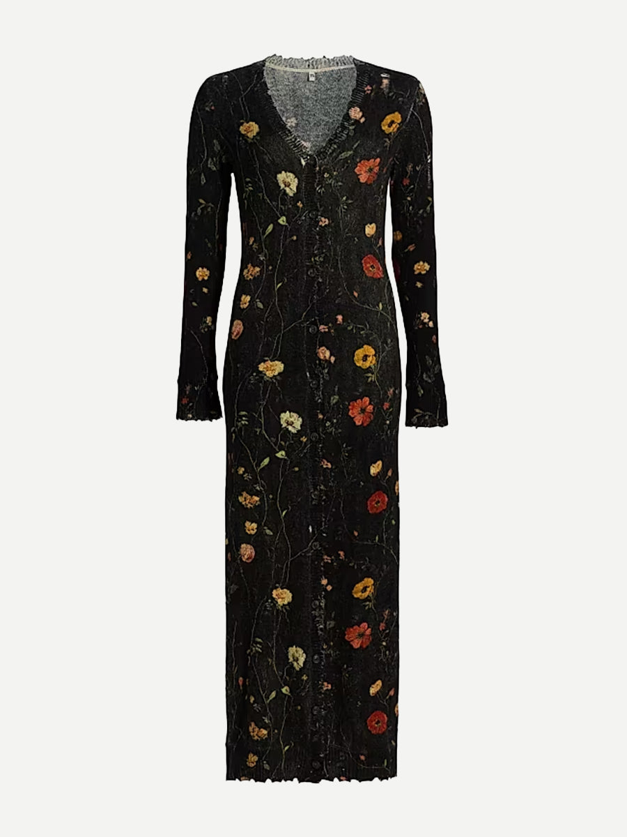 R13 Printed Skinny Long Cardigan in Floral on Black