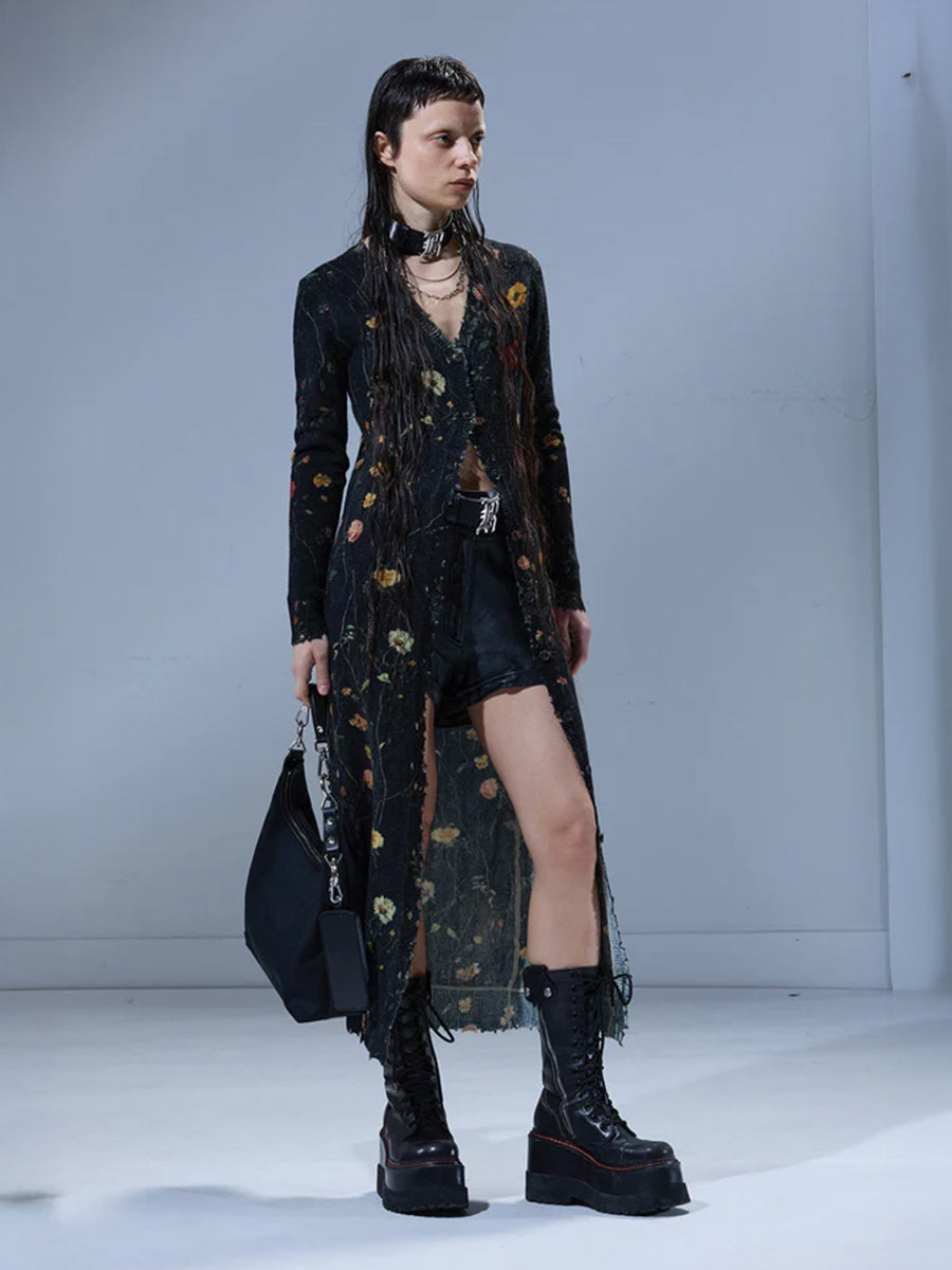 R13 Printed Skinny Long Cardigan in Floral on Black