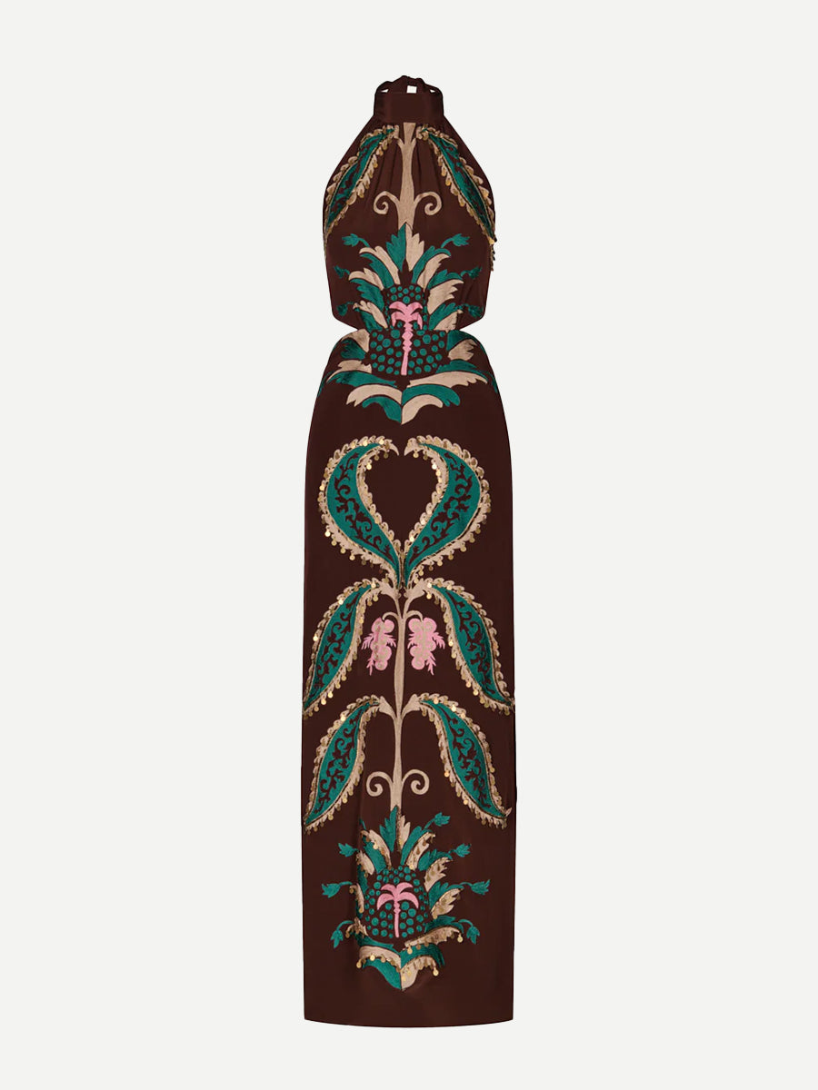 Johanna Ortiz Promised Land Maxi Dress in Dark Chocolate/Green