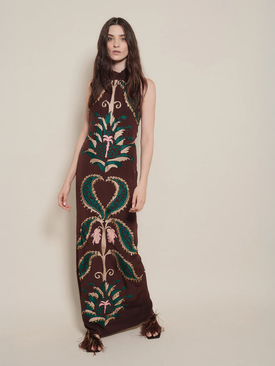 Johanna Ortiz Promised Land Maxi Dress in Dark Chocolate/Green