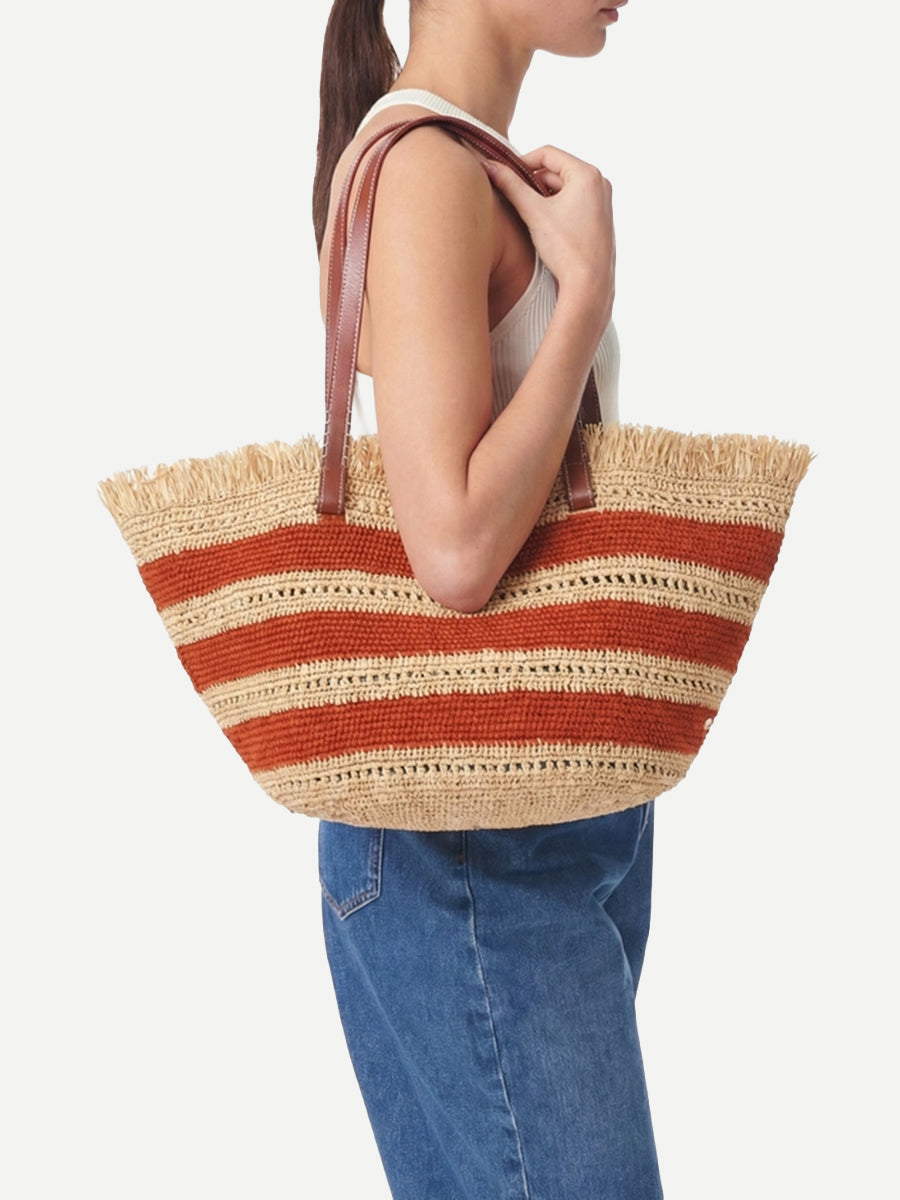 Vanessa Bruno Raffia Basket Bag in Brique Stripe