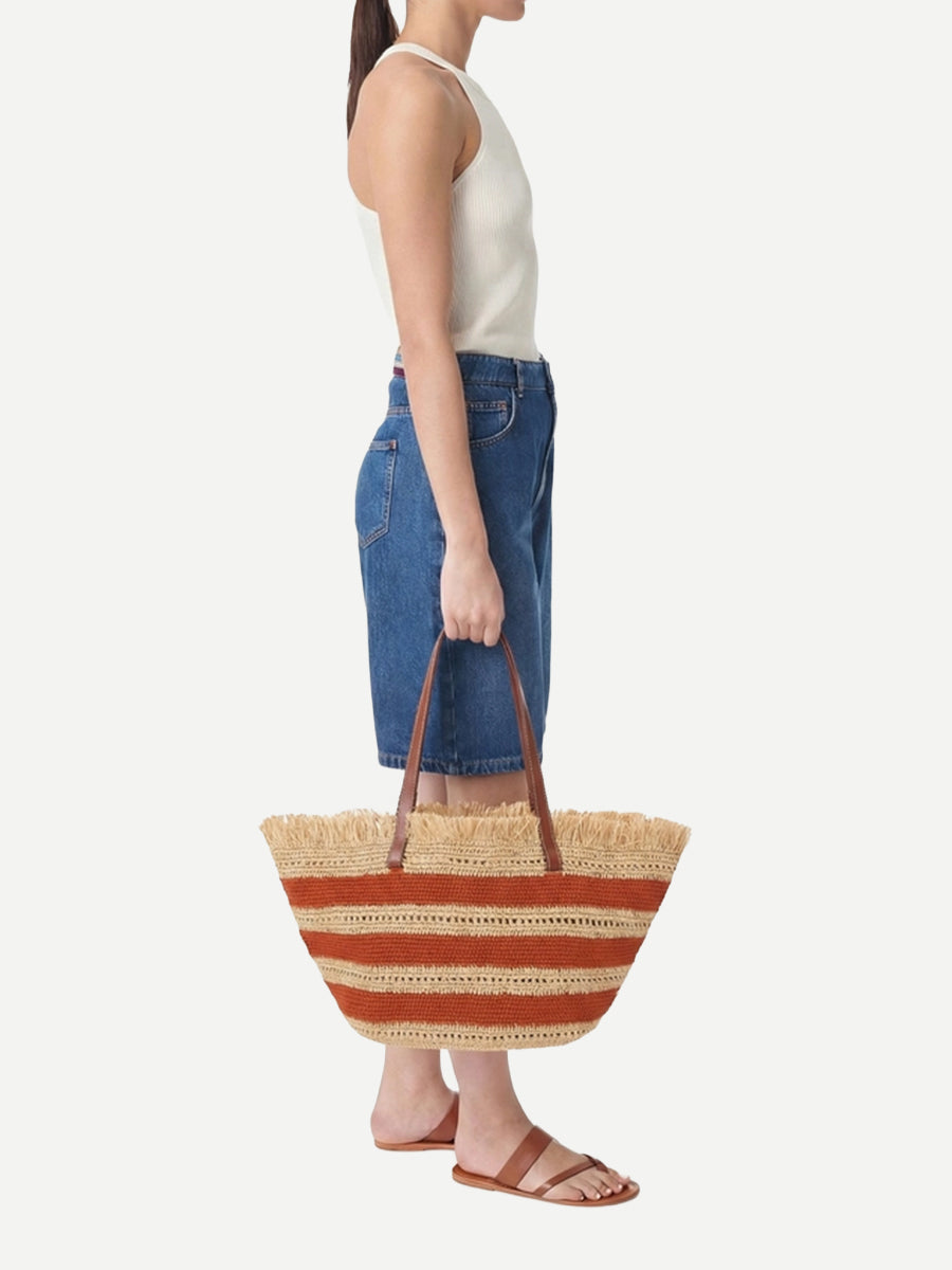 Vanessa Bruno Raffia Basket Bag in Brique Stripe