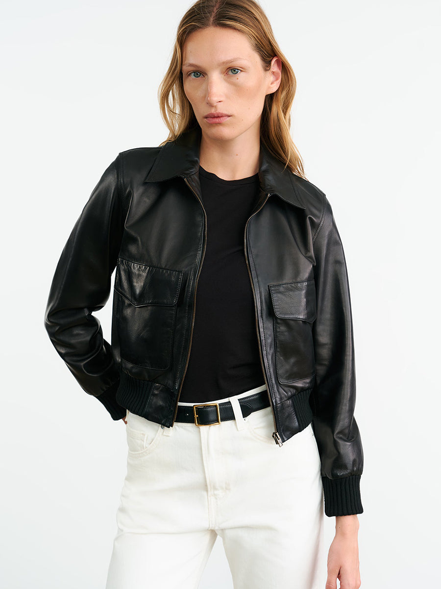 Nili Lotan Redley Leather Bomber Jacket in Black