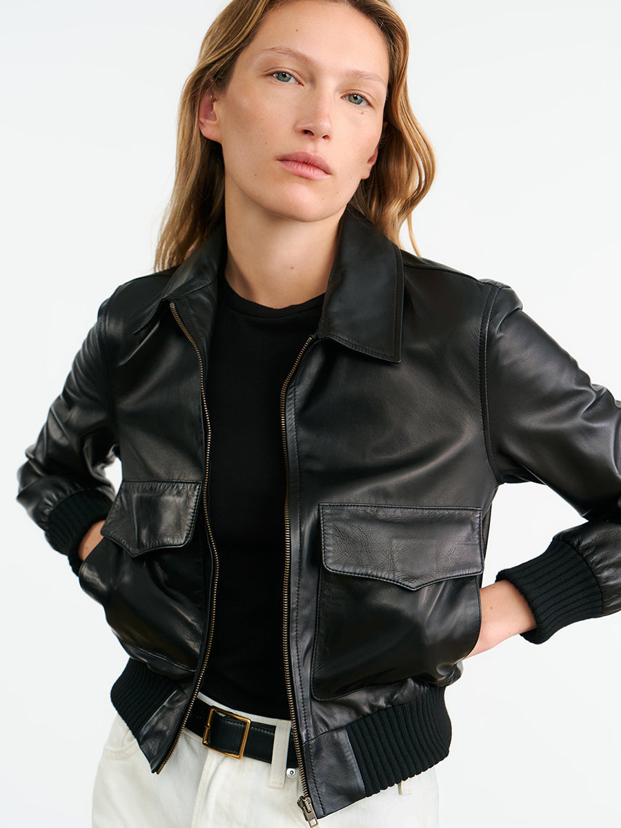 Nili Lotan Redley Leather Bomber Jacket in Black